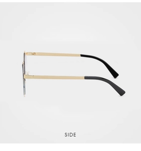 Side view of golden metal round sunglasses with black temple tips and sleek hinges