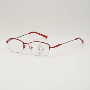 Rote Multifokal-Lesebrille aus Titanlegierung, Halbrand-Design mit Stärke 200 für Damen
