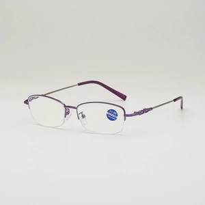 Violette Halbrand-Lesebrille aus Memory-Metall mit Blaulichtfilter-Gläsern