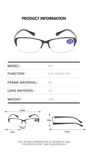 Detailed size specifications for classic black semi-rimless frames with anti-blue light lenses