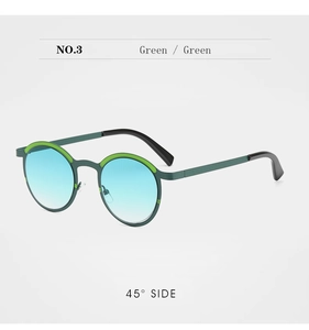 Detail shot of round retro sunglasses with green metallic frames and gradient blue lenses