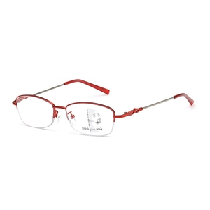 Rote Damen-Lesebrille aus Titanlegierung mit Halbrand, Gleitsichtgläser und Memory-Metall-Rahmen