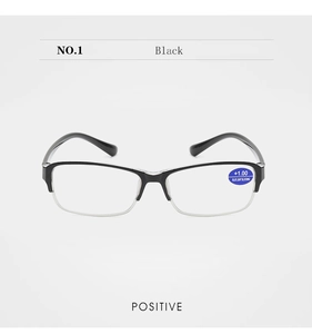 Front view of black semi-rimless reading glasses with +1.00 blue light blocking lenses