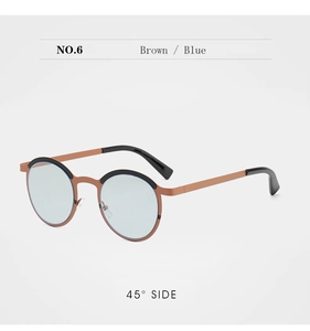 Retro round metal sunglasses with brown frames and light blue lenses from a 45-degree angle