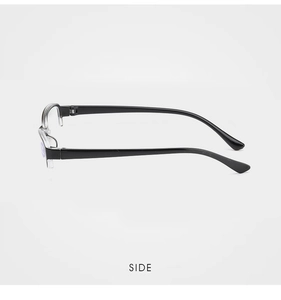 Side view of half-rim reading glasses with anti-blue light lens and metal hinge detail