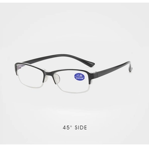 Macro side view of +1.00 blue light blocking reading glasses with half-rim metal frame