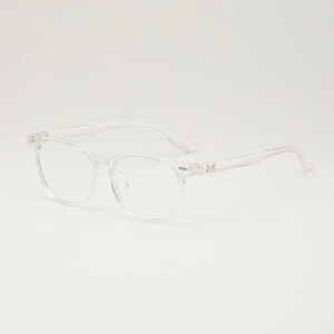 Retro transparent blue light blocking glasses with gold H-hinge detail in minimalist style