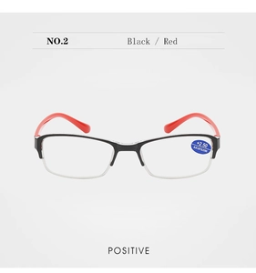 Detailed front view of black and red half-frame reading glasses with anti-blue light lens