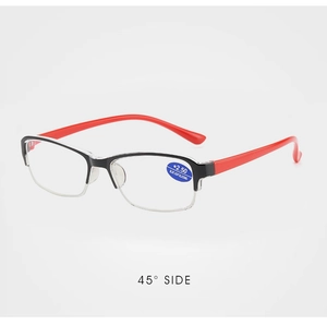 Detailed 45-degree side view of semi-rimless reading glasses with blue light blocking lens