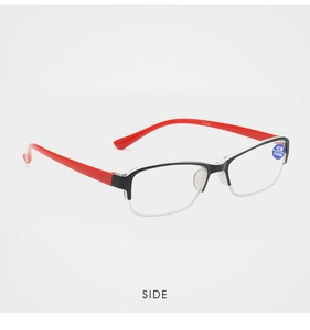 Detail of +2.50 strength blue light blocking lenses and red temple arm on half-frame glasses