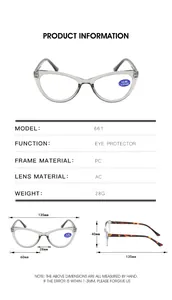 Detailed size chart and dimensions of the cat eye reading glasses with PC frame and AC lens