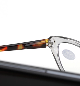 Detail of metal hinge on cat-eye reading glasses with blue light blocking lens