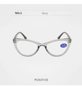 Front view of cat-eye reading glasses in gray frame with blue light blocking lenses