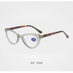Cat-eye blue light blocking reading glasses with +2.00 strength and leopard print temples