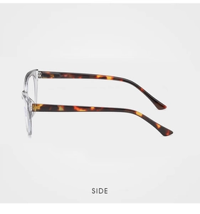 Side view of cat-eye reading glasses with clear frame and tortoise shell spring temples