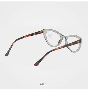 Side view of cat-eye reading glasses with grey frames and tortoiseshell temples