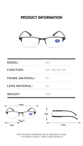 Detailed size specifications for blue light blocking half-frame reading glasses