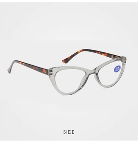 Close-up of cat-eye reading glasses with blue light blocking lens and +2.00 strength