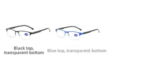 Detail view of stylish square half-frame reading glasses in black and blue color variants