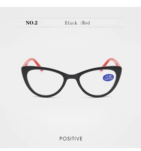 Front view of black and red cat eye reading glasses with anti-blue light +1.00 lenses