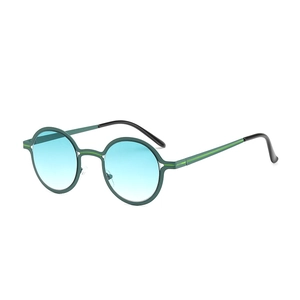 Retro round metal sunglasses in dark green with light blue gradient lenses for UV protection