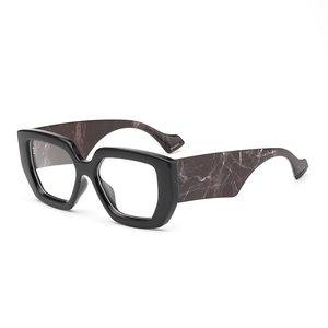 Modern thick-frame square glasses with dark marble textured temples on white background