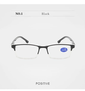 Front view of black semi-rimless reading glasses with blue light blocking lenses