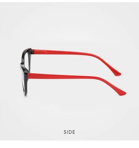 Side view of cat-eye reading glasses featuring black frame and contrast red temples