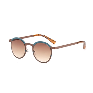 Retro round metal sunglasses with brown gradient lenses and blue accent trim