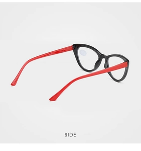 Side view of cat-eye reading glasses with black and red frame and flexible spring hinges