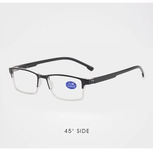 Detail view of half-frame blue light blocking reading glasses at a 45-degree angle