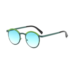 Retro round metal sunglasses with matte dark green frames and blue gradient lenses