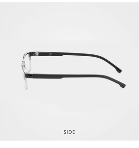 Side view detail of black rectangular reading glasses frames with spring hinges and clear arms