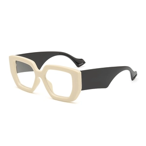 Modern retro geometric glasses in cream and black frame, 45-degree side view display