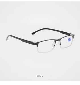 Detailed side view of half-rim blue light blocking glasses with TR900 spring hinges