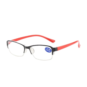 Classic half-frame reading glasses in black and red with blue light blocking lenses