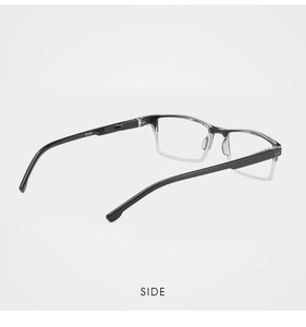 Detailed side view of stylish half-frame reading glasses with black and clear finish