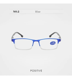 Detail showing blue light blocking lenses and stylish blue frame of reading glasses