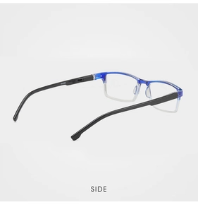 Detail view of flexible spring hinges and TR90 temples on blue rectangle reading glasses