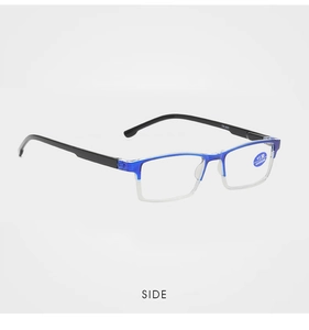 Close-up of TR860 blue transparent square frame reading glasses with +1.50 lenses