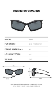 Detailed technical diagram of futuristic black irregular sunglasses with PC frame measurements