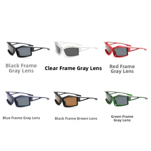 Matrix showing futuristic geometric sunglasses in black, clear, red, blue and green frames