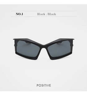 Front view of black geometric cat-eye sunglasses with futuristic angular frame design