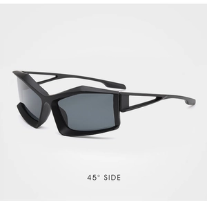 45-degree side view of matte black cyberpunk sunglasses with sharp geometric frames