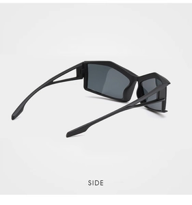 Side view of avant-garde geometric sunglasses with futuristic triangular hollow temple design