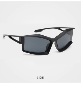 Side view of avant-garde black geometric sunglasses with futuristic cut-out frame design