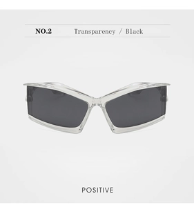 Front view of futuristic geometric sunglasses with transparent frames and black lenses