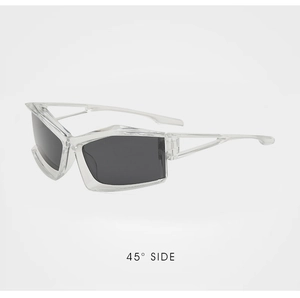 Detail view of transparent futuristic sunglasses with a hollowed temple design from a 45-degree angle