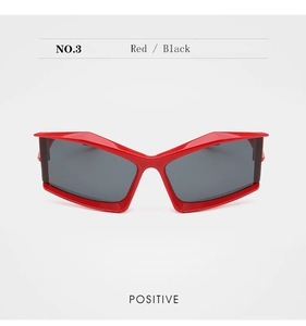 Front view of futuristic red geometric sunglasses with dark grey lenses in NO.3 style