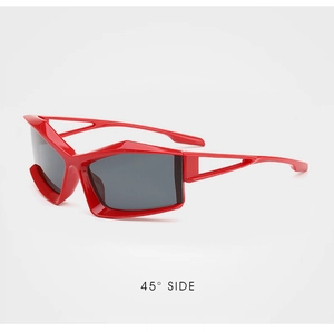 45-degree side view of bright red futuristic sunglasses with hollow geometric temples